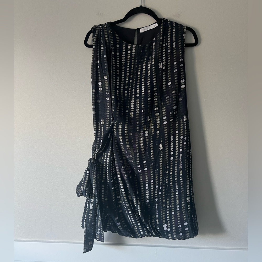 Carlos Miele Black Abstract Dot Print Sleeveless Dress P/S Side Tie Draped Mini